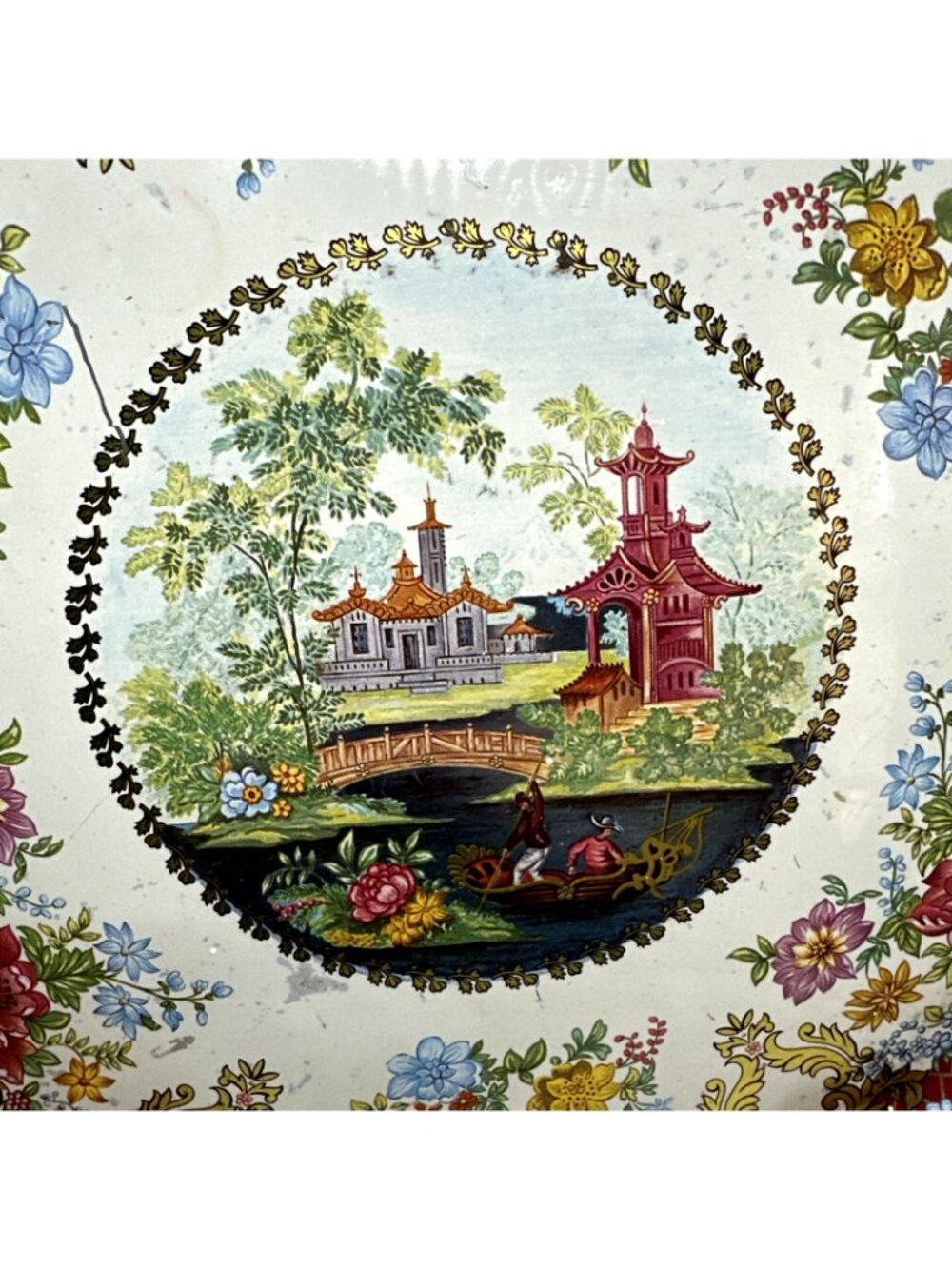 Vintage Chinoiserie Tole Metal Tray Asian Scene - Picture 6 of 10